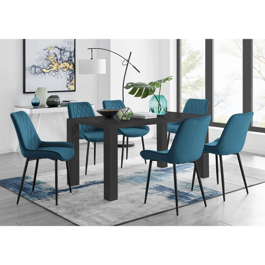 Pivero 6 Black Dining Table And 6 Blue Pesaro Black Leg Chairs