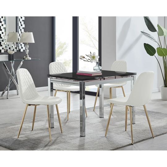 Enna Black Glass Extending Dining Table And 4 White Corona Gold Leg Chairs