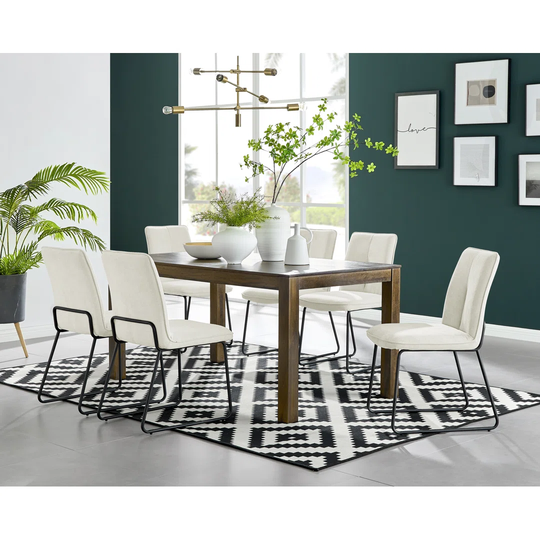 Anders Dark Walnut Solid Wood Dining Table & 6 Cream Halle Chairs