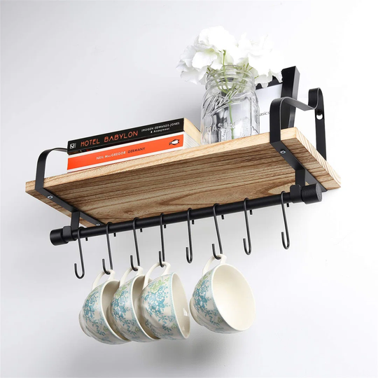 Coffee Shelf Wall Mounted, Kitchen Shelf With 8 Hooks, Mugs Rack, Coffee Bar Shelf, Rustic Floating Storage Shelves Wall Decor