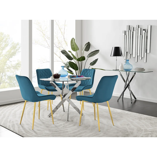 Novara 100Cm Round Dining Table And 4 Blue Pesaro Silver Leg Chairs