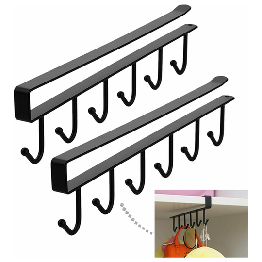 (Black, 2) 6Hook Metal Under Shelf Hanging Rack Holder