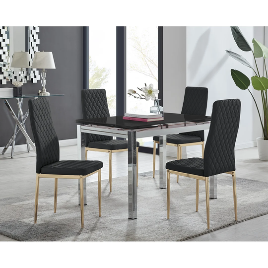 Enna Black Glass Extending Dining Table And 4 Black Gold Leg Milan Chairs