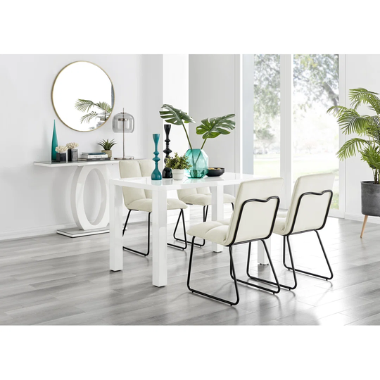 Pivero White High Gloss Dining Table & 4 Cream Menen Chairs