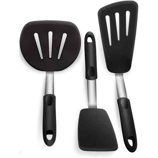 Kaffi Turner Spatula Set, Kitchen Spatulas Turner, Stainless Steel & Premium Silicone | Non-Stick 600F Heat Resistant Utensils for Cooking, Flipping a