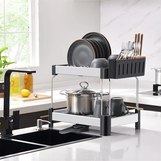 Aluminum 2-Tier Dish Drying Rack, Sink Dish Rack, Dish Drainer With Anti-Rust Frame, 360° Swivel Spout Drip Tray, Utensil Holder For Kitchen