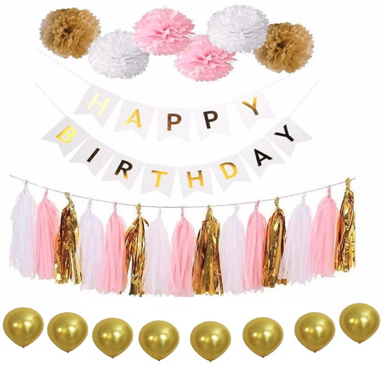 (4) Birthday Party Decoration Sets Bunting Banner Balloons, Pom Pom, Glitter Mermaid Hat, Cupcake Toppers, Paper Tassel, Hanging Swirl, Party Decor, E