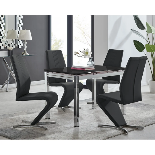 Enna Black Glass Extending Dining Table And 4 Black Willow Chairs