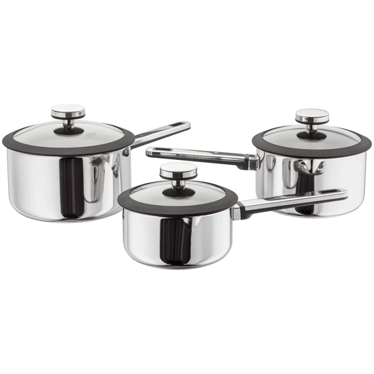 Stellar Stay Cool 3 Piece Stainless Steel Pan Set, 16/18/20cm Pans with Draining Glass Lids, Induction Ready