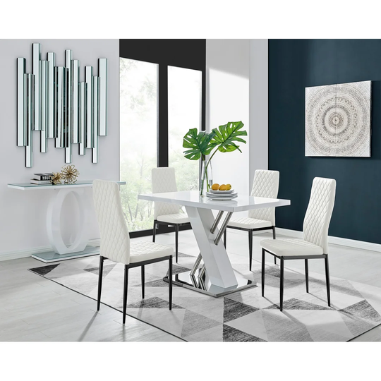 Sorrento 4 White Dining Table And 4 White Milan Black Leg Chairs
