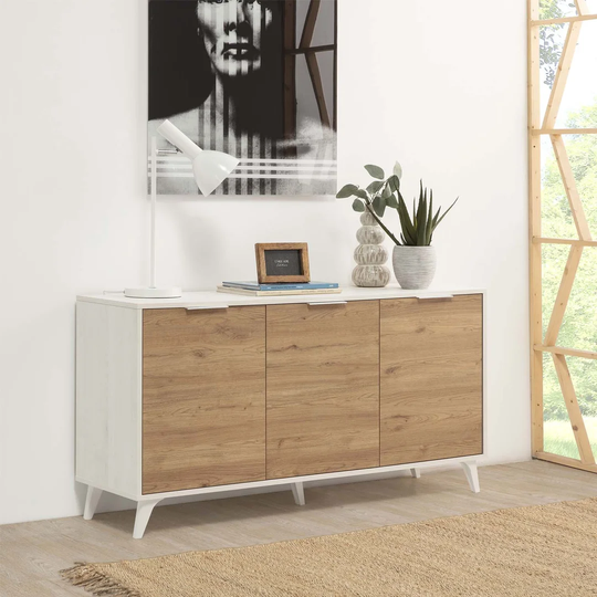 Wilcox Sideboard 3 Doors, Brushed White And Wood Color, 136.5 Cm (Width) 40 Cm (Depth) 72.5 Cm (Height)