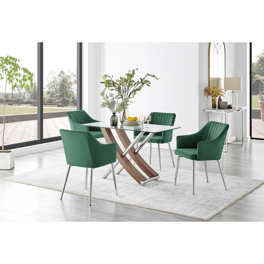 Mayfair Glass & Brown Wood Effect Dining Table & 4 Green Calla Silver Leg Chairs