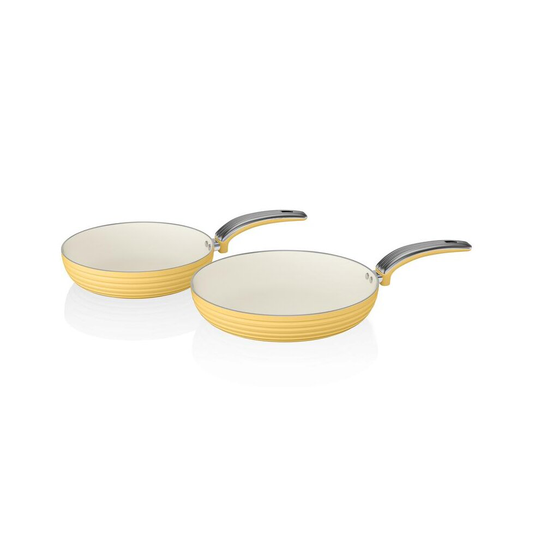 Swan Retro 2 Piece Frying Pan Set Kitchen Cookware Aluminium Stay Cool Handle - Yellow