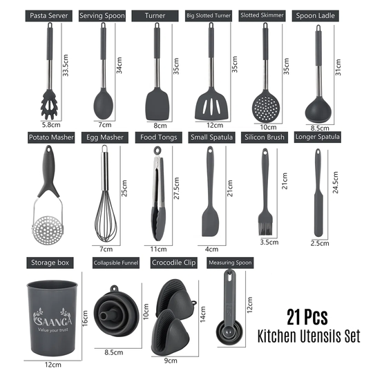 Silicone Kitchen Utensil Set 21 Pcs Non-Stick Heat Resistant Cookware, Food Grade And Dishwasher Safe Cooking Utensils With Holder (Grey)