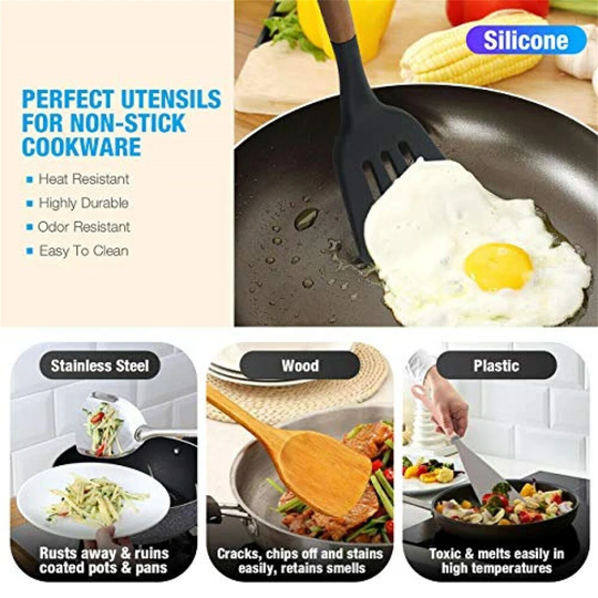 Silicone Kitchen Utensils Set - 33Pcs Non-Stick Cooking Utensils Set With Holder - Silicone Spatula Kitchen Set - Wooden Handle Heat Resistant Kitchen