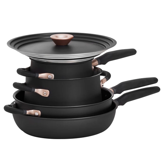 Meyer Accent Induction Hob Pan Set Non Stick - 5 Piece Stackable Pots And Pans Set With Universal Lids & Anti Spill Shape, Black, Stainless Steel & No
