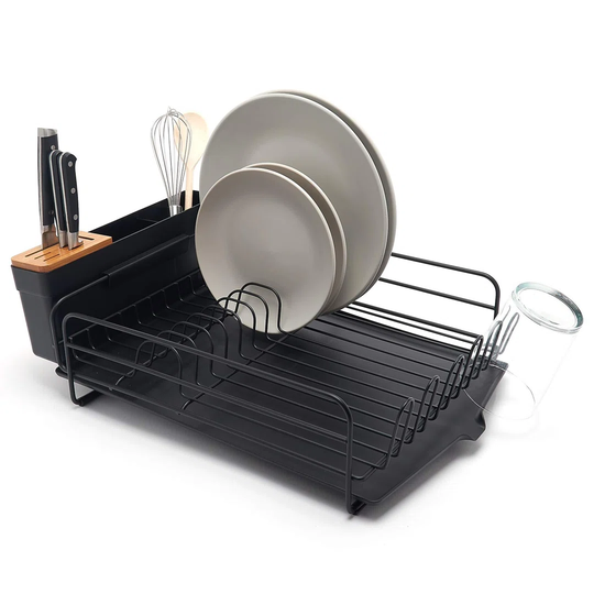 Premium Dish Drainer Plate Drying Rack With Cutlery Holder & Drip Tray Black