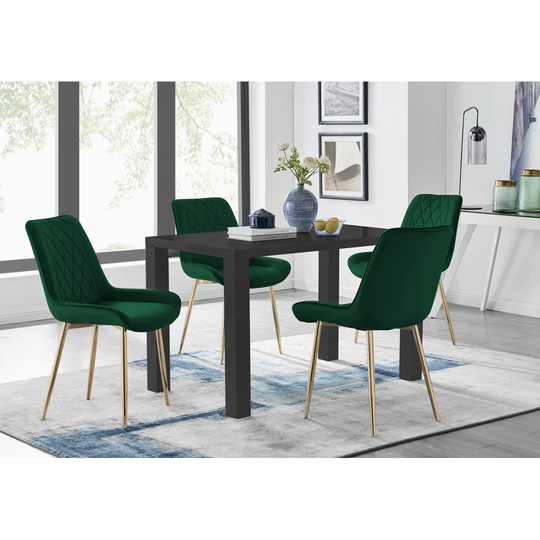 Pivero 4 Black Dining Table And 4 Green Pesaro Gold Leg Chairs
