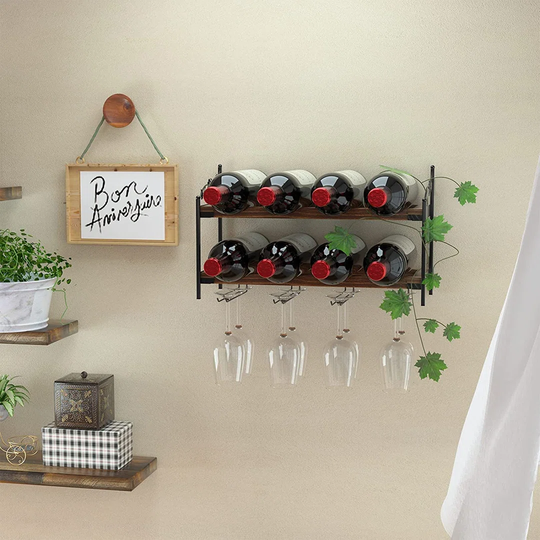 Wall Mounted Wood Wine Rack - Holds 8 Wine Bottles And 8 Stemware Glass Holder - Store Red, White, Champagne - Home Bar, Dining Room, Kitchen Dcor