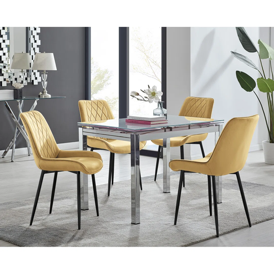 Enna Black Glass Extending Dining Table And 6 Cream Pesaro Silver Leg Chairs