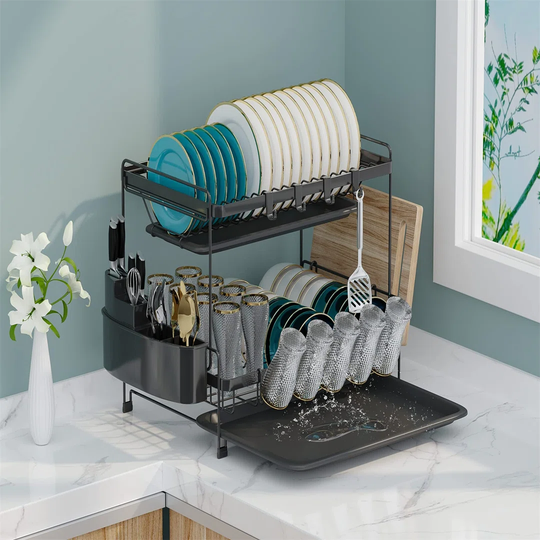 Dish Drying Rack, 2-Tier Dish Rack With Large Capacity, Multifunctional Dish Drainer With 360 Drainboard Set, Rustproof & Durable With Cutting Board R