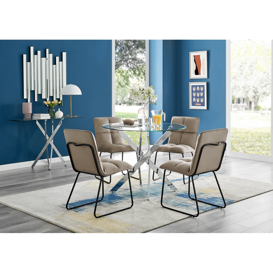 Novara 120Cm Round Glass Dining Table & 4 Taupe Menen Chairs