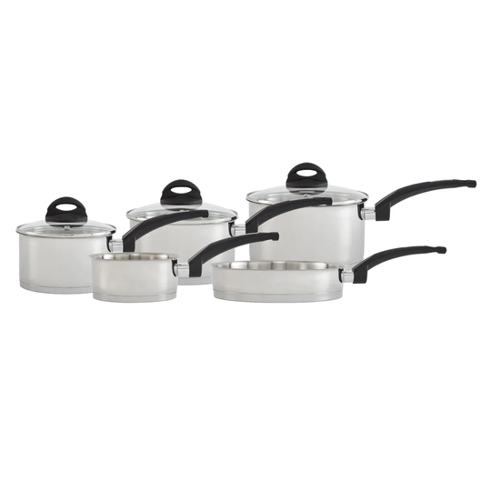 Tower T800161 Level Induction Frying Pan and Saucepan Set With Lids, Stay Cool Bakelite Handles, Stainless Steel Pan Set, Satin Finish, 5 Piece