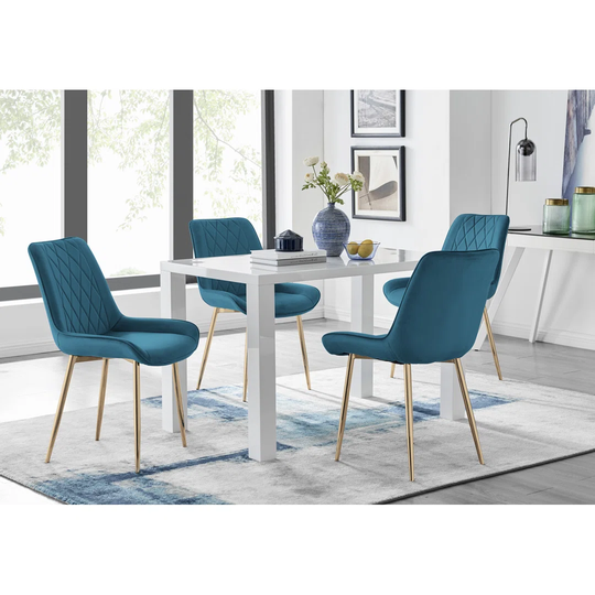 Pivero 4 White Dining Table And 4 Blue Pesaro Gold Leg Chairs
