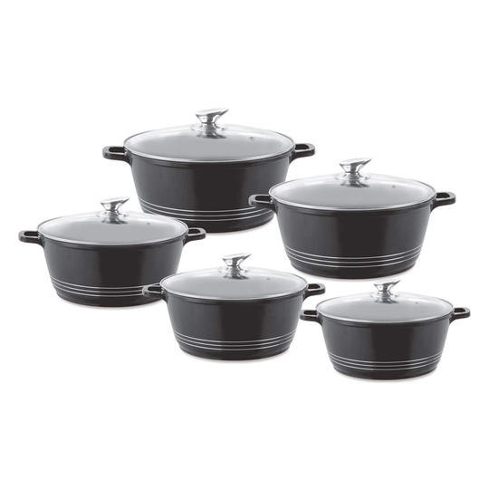Die-Cast Stockpot 3 Layer Non-Stick Coated Casserole Set With Vented Glass Lids 5Pc (Black)