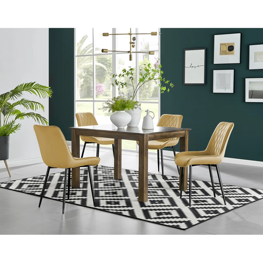 Anders Dark Walnut Solid Wood Dining Table & 4 Mustard Pesaro Black Leg Chairs
