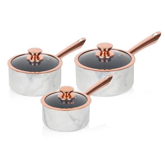 Tower T800061WR 3 Piece Saucepan Set with Infinistone Non-Stick, Tempered Glass Lids, Stainless Steel Handles, 16/18/20 cm, White Marble and Rose Gold