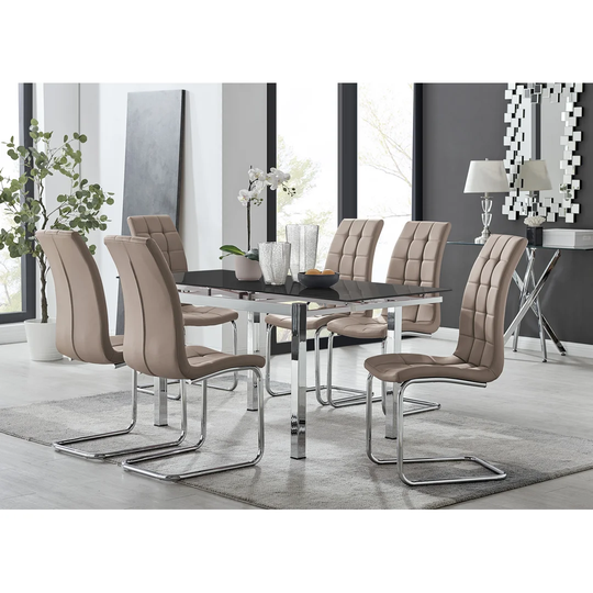Enna Black Glass Extending Dining Table And 6 Cappuccino Murano Chairs
