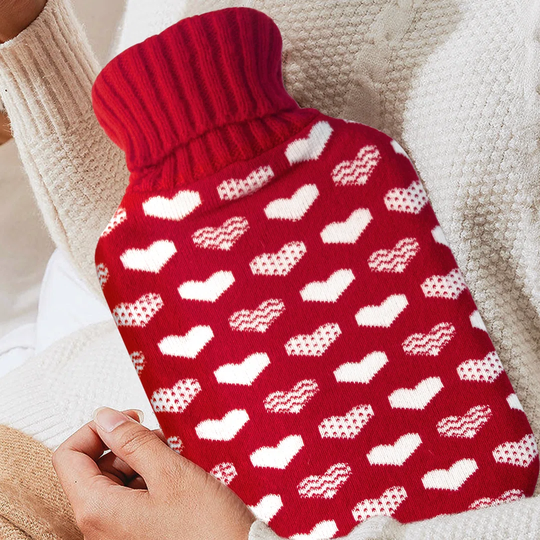 Belfry Kitchen 2l Hot Water Bottle With Thick Cosy Pom Fluffy Cover- Natural Rubber Bottle With Screw Stopper-knit Love