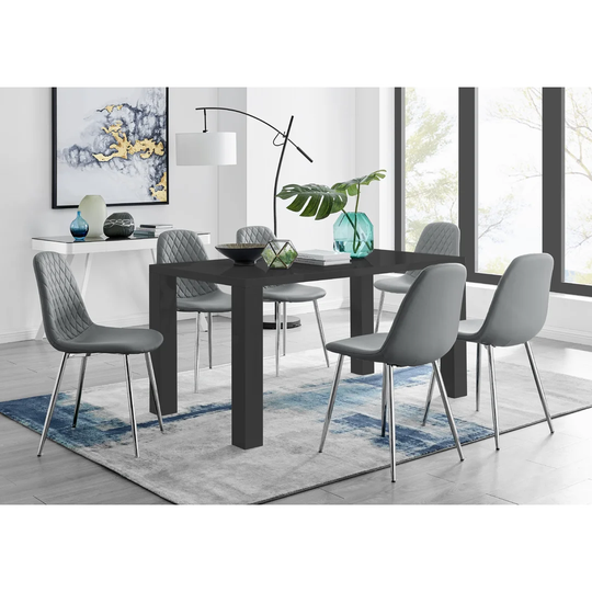 Pivero 6 Black Dining Table And 6 Grey Corona Silver Leg Chairs