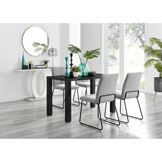 Pivero Black High Gloss Dining Table & 4 Light Grey Halle Chairs