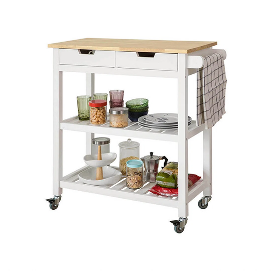 Farice 85 Cm Kitchen Trolley Kitchen Island with Solid Wood Top and Locking Wheels