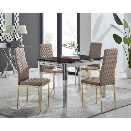 Enna Black Glass Extending Dining Table And 4 Cappuccino Gold Leg Milan Chairs