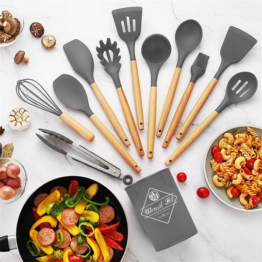 Kitchen Utensil Set, Silicone Cooking Utensils 12 Pcs Kitchen Tools With Natural Wooden Handles For Home Household Apartment Essentials Nonstick Cookw