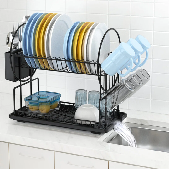 2 Tier Black Dish Drainer Rack With Drip Tray, Stainless Steel Draining Dish Rack Drainer With Draining Board And Utensils Holder, Dish Drying Rack Ki
