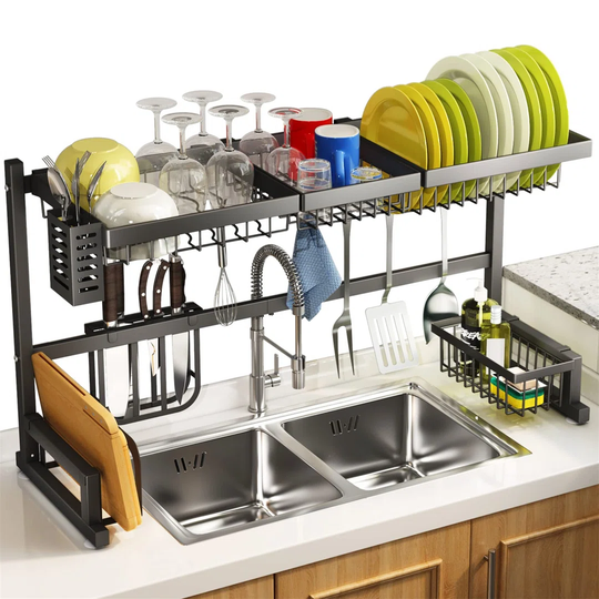 Over The Sink Dish Drying Rack, Width Adjustable (From 33.8" To 41.5") 2 Tier Dish Rack Stainless Steel Drainer For Kitchen Counter Utensil Organizer