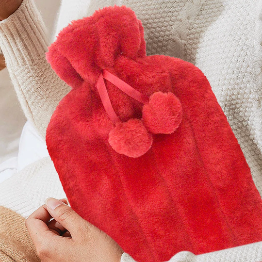 Belfry Kitchen 2l Hot Water Bottle With Thick Cosy Pom Fluffy Cover- Natural Rubber Bottle With Screw Stopper-fluffy-red