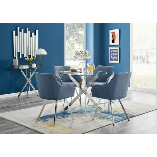 Novara Round Glass Dining Table & 4 Blue Falun Silver Leg Chairs