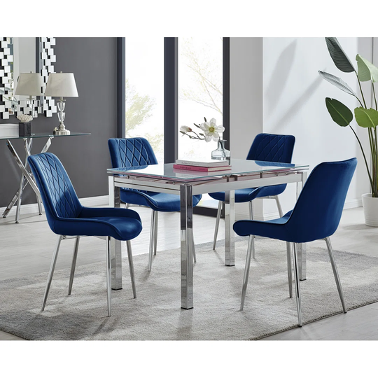 Enna White Glass Extending Dining Table And 4 Navy Pesaro Silver Leg Chairs