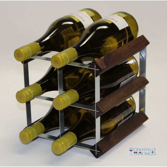 Classic 6 bottle dark oak stained wood and galvanised metal wine rack ready assembled