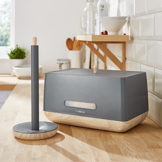 Tower T826033G Kitchen Roll Holder, Scandi Range, Fits Standard Roll Sizes, Anti Slip Base, Steel Inner Pole with Matte Plastic Coating, Wood Effect A