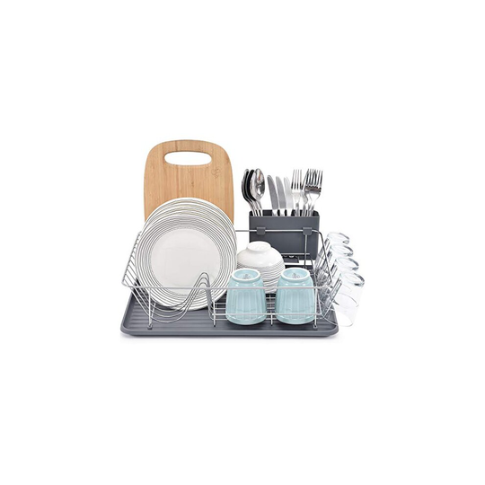 Kingrack Dish Drainer with Drip Tray,Grey Dish Rack with Large Capacity,Dish Drying Rack with External Cutlery Holder,Removable Draining Board,Cu