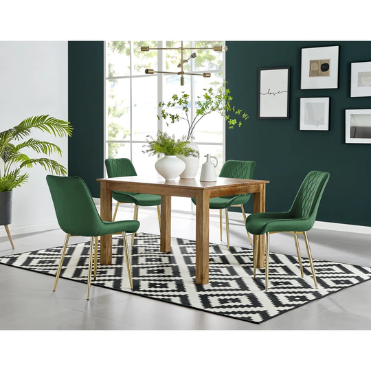 Anders Honey Solid Wood Dining Table & 4 Green Pesaro Gold Leg Chairs