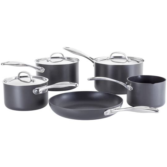 Stellar Hard Anodised, 5 Piece Non-Stick Saucepan Set, 14cm milk pan, 16/18/20cm saucepans, 26cm frying pan