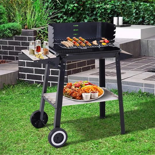 Trolley Charcoal BBQ Barbecue Grill Outdoor Patio Garden Heating Smoker With Side Trays Storage Shelf And Wheels