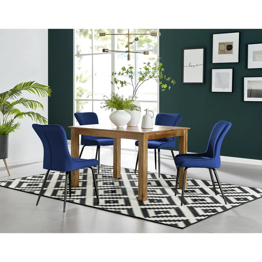 Anders Honey Solid Wood Dining Table & 4 Blue Nora Black Leg Chairs